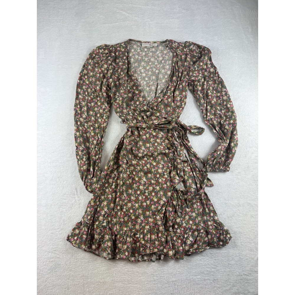 SO Faux Wrap Front Mini Dress Juniors XS Floral‎ Design Ruffles Long Sleeve